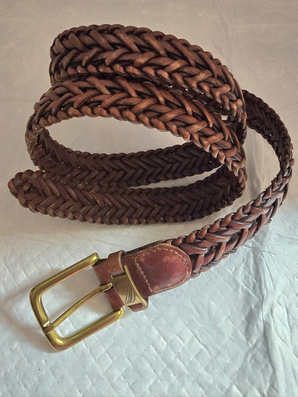 NAUTICA Men's Brown Braided Leather Belt Size 42 Brass Roller Buckle 1 1/4"Wide. - Picture 5 of 10